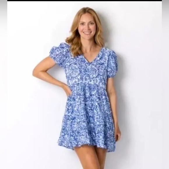 SAIL TO SABLE  MEDALLION PRINT SHORT SLEEVE V-NECK DRESS 100% COTTON LINED L - Picture 1 of 6
